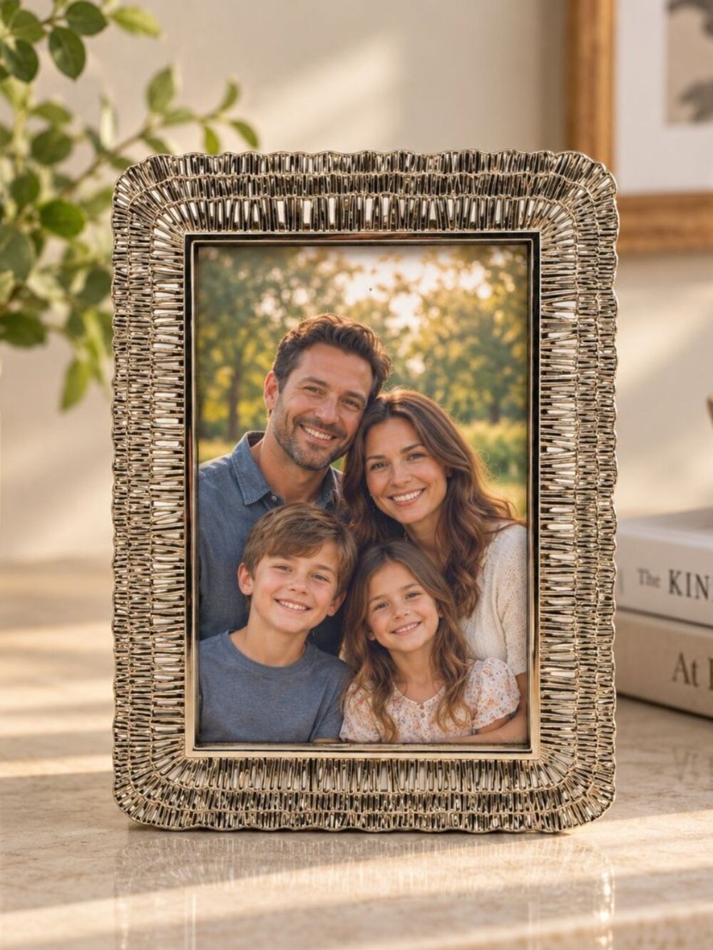 Gold-Tone Textured Metal Picture Frame Fits 4x6 PhotoWith Easel Back